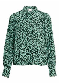 Blusa verde menta con motivo astratto nero, colletto con bottoni, maniche lunghe con polsini arricciati e vestibilità rilassata. Tessuto leggero.