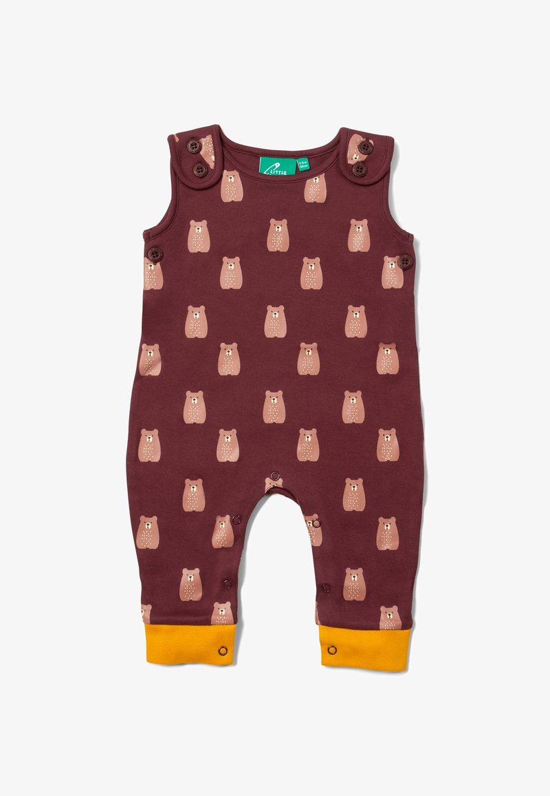 Burgundy cotton romper featuring a bear print, snap buttons at shoulders, and yellow cuffs. Soft texture with playful animal motifs.