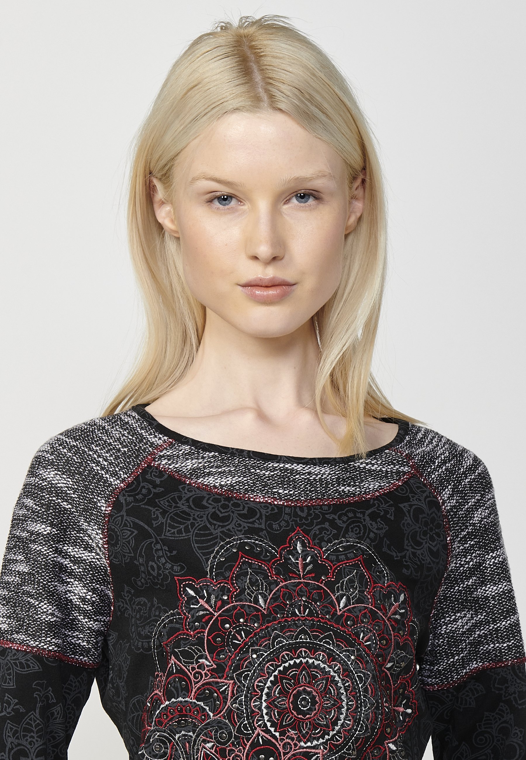 Koroshi Maglietta Donna Manica Lunga Con Pizzo - Girocollo Eleganza Nero - 100% Poliestere