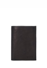 Black leather wallet with a smooth texture, bi-fold design, and subtle stitching. Features a debossed logo at the bottom corner.