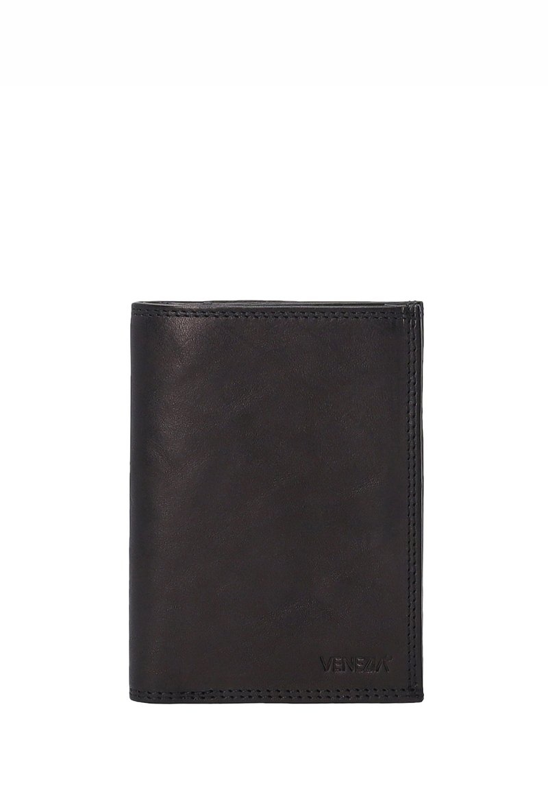Black leather wallet with a smooth texture, bi-fold design, and subtle stitching. Features a debossed logo at the bottom corner.