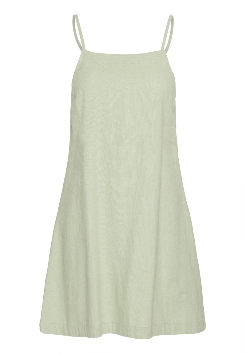 Abito verde chiaro senza maniche con spalline sottili, realizzato in tessuto morbido, caratterizzato da una vestibilità comoda e un orlo all'altezza del ginocchio. Texture liscia.