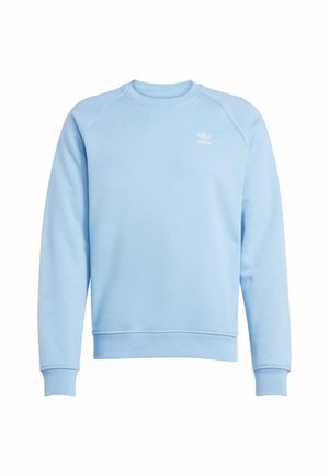 Sweatshirt bleu clair à col rond, avec des manches raglan, des bords côtelés aux manches et à l'ourlet, présentant un petit logo blanc sur la poitrine. Texture douce.