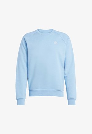 Light blue sweatshirt with a crew neck, raglan sleeves, ribbed cuffs and hem, featuring a small white logo on the chest. Soft texture.