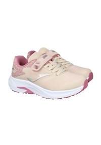 Zapatillas deportivas beige con parte superior texturizada, acentos en rosa, diseño con cordones y correa ajustable. Suela intermedia blanca con suela exterior rosa.