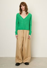 Groene wollen cardigan met een diepe V-hals, lange mouwen en knoopsluiting, gecombineerd met hooggesneden beige wijde broek en zwarte schoenen.