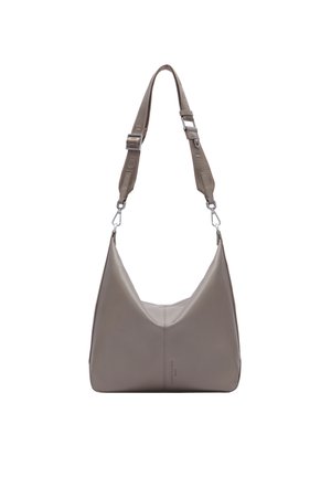Schultertasche aus taupefarbenem Leder mit verstellbarem breitem Stoffriemen und silbernen Metallverschlüssen.