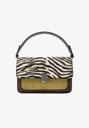 Skórzana torebka w nadruk zebry z czarną rączką u góry. Posiada zielony panel z zamszu i ciemnobrązową zamszową podstawę. Srebrne magnetyczne zapięcie.
