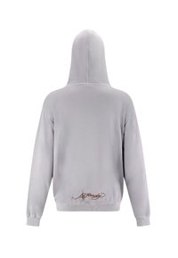 Felpa grigia con cappuccio caratterizzata da una texture morbida e maniche lunghe. Sul retro presenta un logo ricamato rosso discreto all'orlo inferiore.