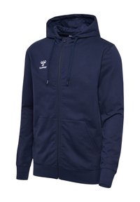 Navy zip-up hoodie made of soft fabric, featuring a hood, front pockets, and a small logo on the chest. Clean design and ribbed cuffs.