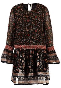 Vestido negro de manga larga con un patrón floral multicolor, borde geométrico rojo en la cintura y los puños, y tela translúcida en las mangas y el dobladillo.