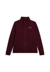 Veste zippée bordeaux en tissu doux. Dotée d'un col haut, de poches latérales et d'un logo sur la poitrine. Coupe standard avec des poignets côtelés.
