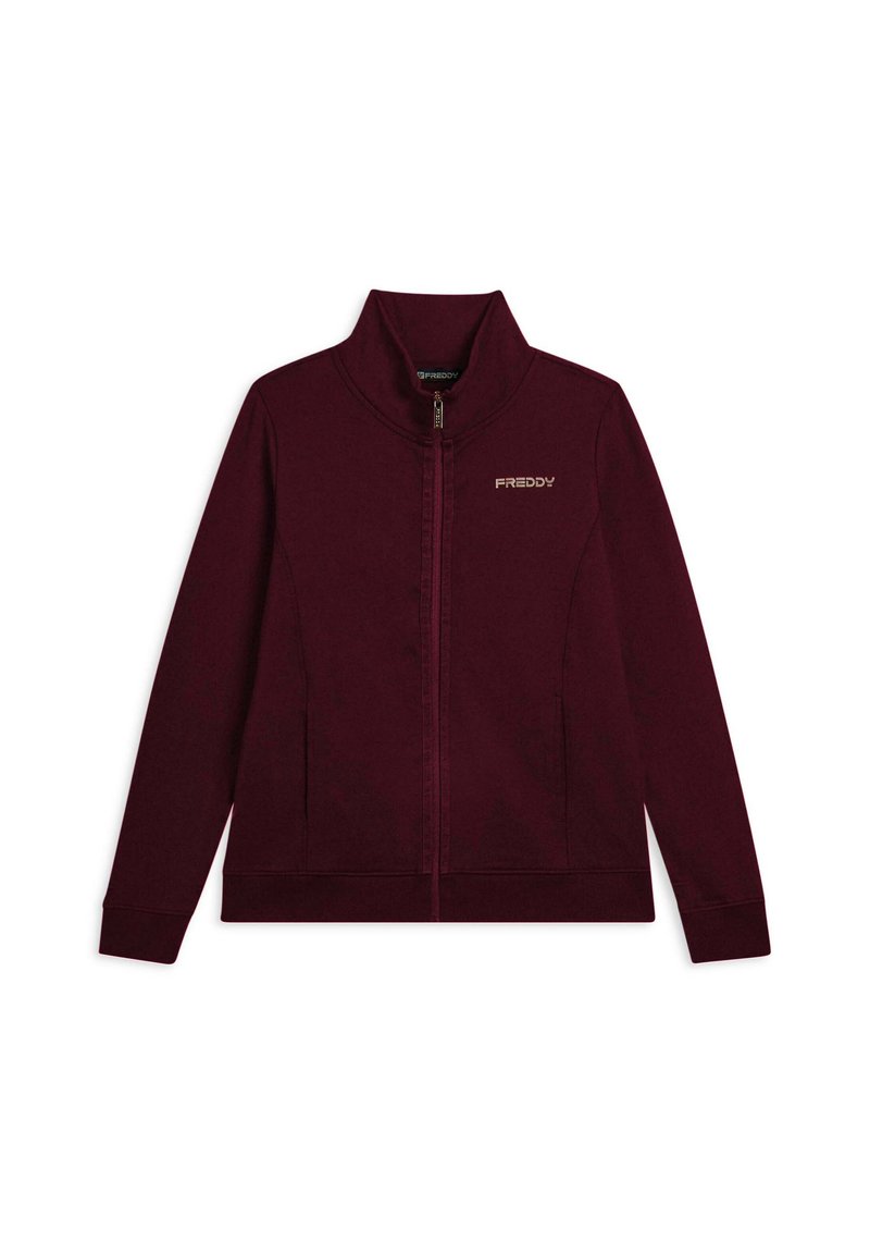 Veste zippée bordeaux en tissu doux. Dotée d'un col haut, de poches latérales et d'un logo sur la poitrine. Coupe standard avec des poignets côtelés.