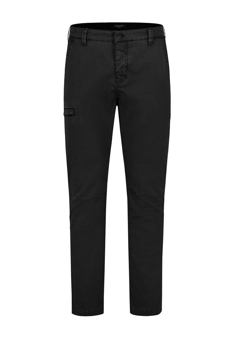 Black cargo pants with a slim fit, made from sturdy cotton fabric. Features side pockets, a button closure, and belt loops.