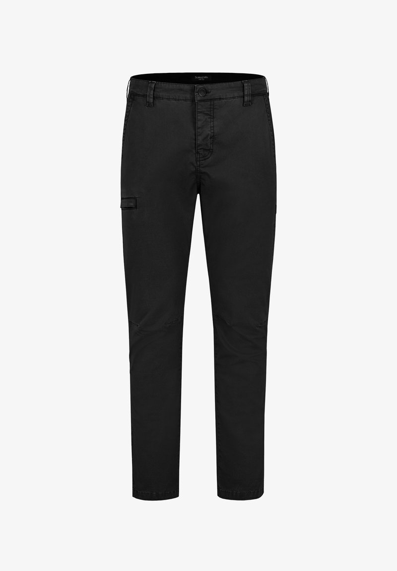 Schwarze Cargo-Hosen mit slim-fit, aus robustem Baumwollstoff gefertigt. Verfügt über Seitentaschen, einen Knopfverschluss und Gürtelschlaufen.