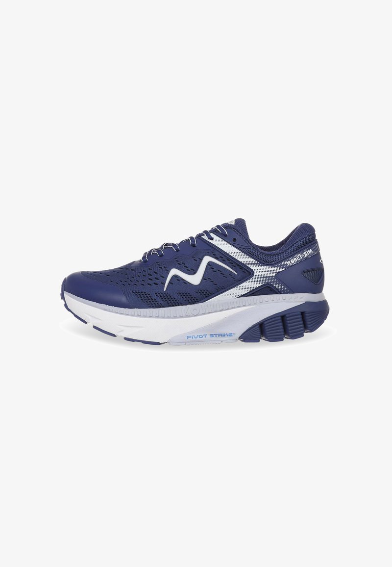 Running shoe in dark blue with a mesh upper. Features white accents, a contoured white sole, and textured heel for added support.