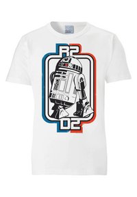 White cotton t-shirt featuring a black and white graphic of R2-D2, framed by blue and red outlines, with "R2" and "D2" text.