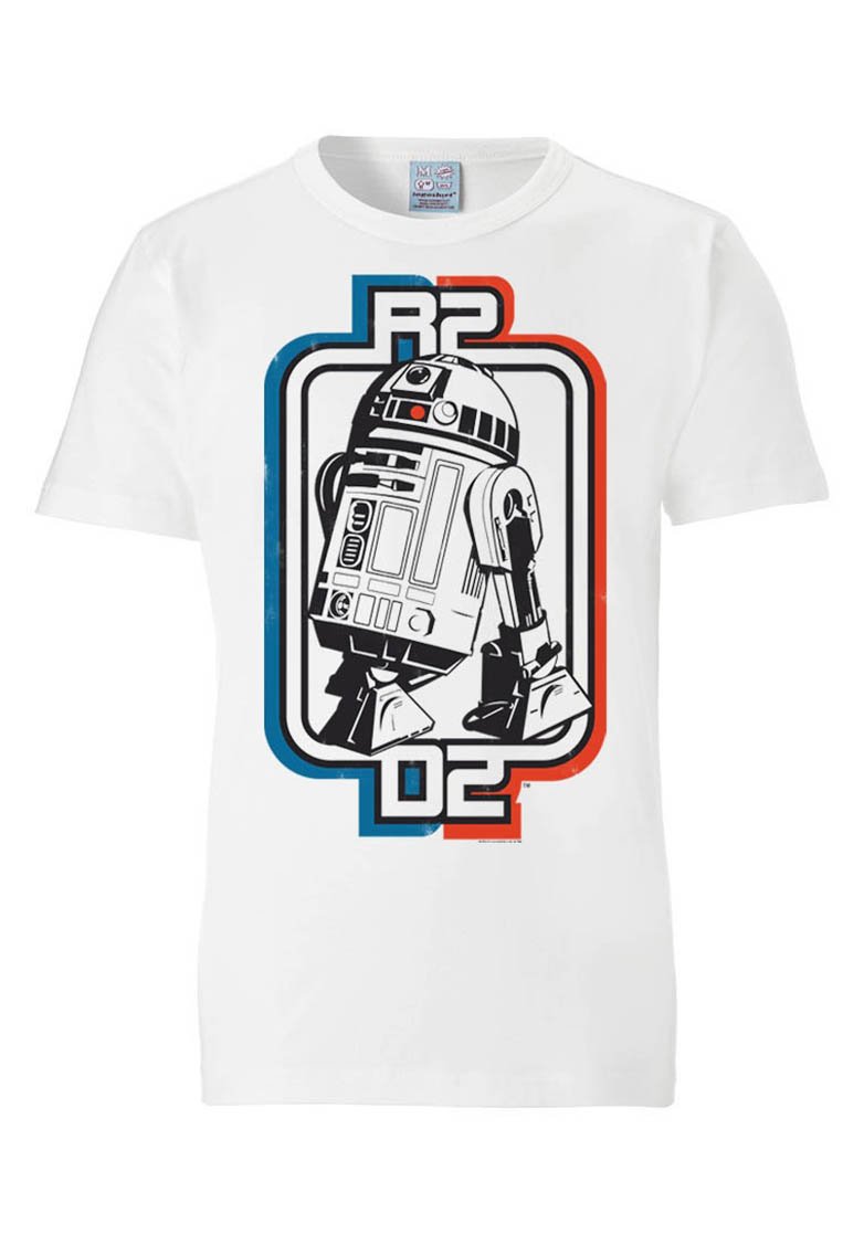 White cotton t-shirt featuring a black and white graphic of R2-D2, framed by blue and red outlines, with "R2" and "D2" text.