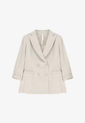 Blazer doppiopetto beige chiaro con rever a lancia, due tasche anteriori con patta e maniche arrotolate ai tre quarti, steso su sfondo bianco.