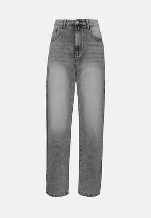 Grijze high-waisted jeans van denim, met een rechte pijp en een lichte vervaging, en voorzakken met een knoopsluiting.