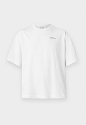 T-shirt blanc oversize à manches courtes avec col rond et petit logo "Off-White™" noir sur la poitrine gauche.