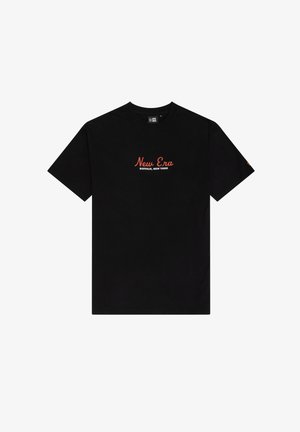 Black cotton t-shirt with short sleeves, featuring red "New Era" text and "Buffalo, New York" underneath. Smooth fabric texture.