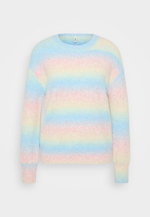 Πουλόβερ φτιαγμένο από μαλακό, αφράτο ύφασμα με οριζόντιες ρίγες σε ανοιχτό μπλε, ροζ, κίτρινο και κρέμα, με στρογγυλή λαιμόκοψη και ριμπ κα cuffs.