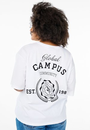 White short-sleeve t-shirt featuring black text on the back, with "Global Campus Community" and an emblem design with laurel accents.