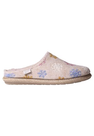 Brown felt slippers with embroidered snowflakes in yellow, blue, and white. Features a textured outsole and braided jute detail around the base.