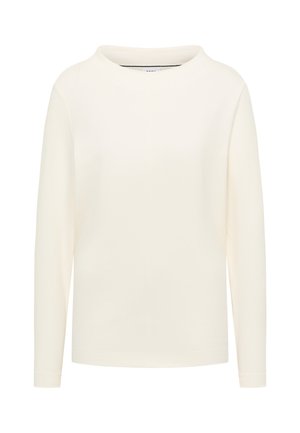 Bluzka z długim rękawem w kolorze kremowym, z szerokim dekoltem, gładką teksturą i prostym krojem. Prosty design bez widocznych zdobień.
