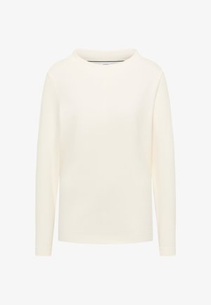 Bluzka z długim rękawem w kolorze kremowym, z szerokim dekoltem, gładką teksturą i prostym krojem. Prosty design bez widocznych zdobień.