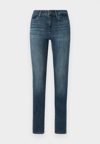 Jeans de mezclilla azul oscuro con un ajuste ceñido, que presentan un cierre de botón, cinco bolsillos y un ligero desgastado a lo largo de los muslos.