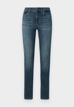 Tmavomodré džíny slim fit s knoflíkovým zapínáním, pěti kapsami a jemným vyblednutím na stehnech.