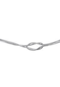 Silver metallic chain with a twisted knot design at the center, featuring a smooth, rounded texture and a flexible, intertwined structure.