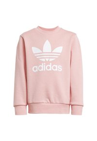 Svetlo ružová mikina vyrobená z mäkkého materiálu, s veľkým bielym logom Adidas a tromi horizontálnymi pruhmi pod emblémom.