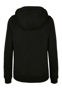 Black hoodie with a drawstring hood, long sleeves, ribbed cuffs, and waistband. Smooth texture, simple design, no visible logos or accents.