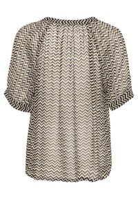 Lätt blus med ett zigzag-mönster i svart, vitt och beige. Har rundad halsringning och korta ärmar med en avslappnad passform.