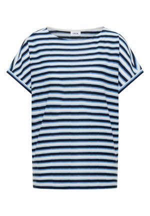 Chemise à manches courtes avec des rayures horizontales bleu marine, bleu clair et blanc, et un col rond.