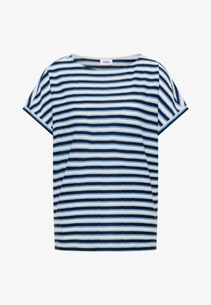 Chemise à manches courtes avec des rayures horizontales bleu marine, bleu clair et blanc, et un col rond.