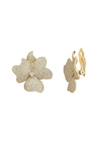Gold flower-shaped earrings with a textured surface, embellished with sparkling clear crystals. Features a clip-on fastening for secure wear.