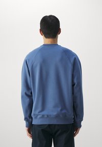 Blå sweatshirt med långa ärmar, ribbade muddar och rund halsringning. Mjuk textur, rak fåll och raglanärm.