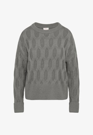 Szary sweter dzianinowy z teksturowanym wzorem i owalnymi wycięciami, z ściągaczami przy mankietach i okrągłym dekoltem. Standardowy krój.