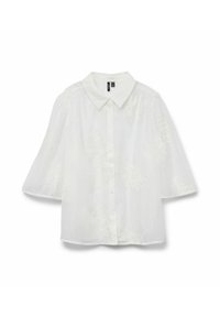 Weiße, halbtransparente Bluse mit 3/4-weiten Ärmeln, großem Kragen, Knöpfen auf der Vorderseite und floralen Stickereien.