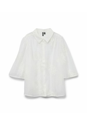 Witte semi-doorzichtige blouse met 3/4 wijde mouwen, grote kraag, knopen aan de voorkant en bloemmotieven.