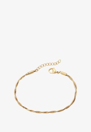 Goldene gedrehte Kettenarmband mit Karabinerhaken und verstellbarer Verlängerungskette, flach auf weißem Hintergrund liegend.