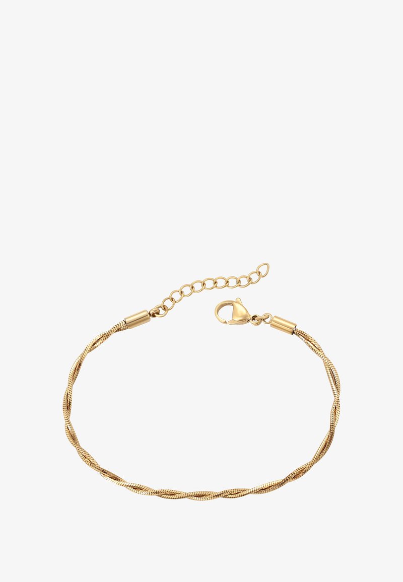 Arany, csavart lánc karkötő, homárcsattal és állítható hosszabbító lánccal, síkban fekszik fehér háttéren.