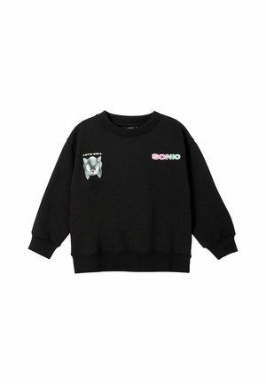 Sort langærmet sweatshirt med Sonic the Hedgehog ansigt, "LET'S ROLL" tekst på venstre bryst og farverig "SONIC" tekst på højre bryst.
