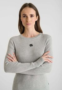 Light gray ribbed knit sweater with long sleeves, round neckline, and a small black logo on the chest. Soft texture and fitted design.