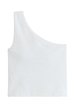 Weißes, schulterfreies, bauchfreies Top mit einem breiten Träger auf der linken Seite, hergestellt aus glattem, leichtem Stoff.