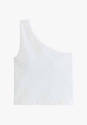 Hvit enskulders croppet tanktopp med en bred stropp på venstre side, laget av glatt, lett stoff.